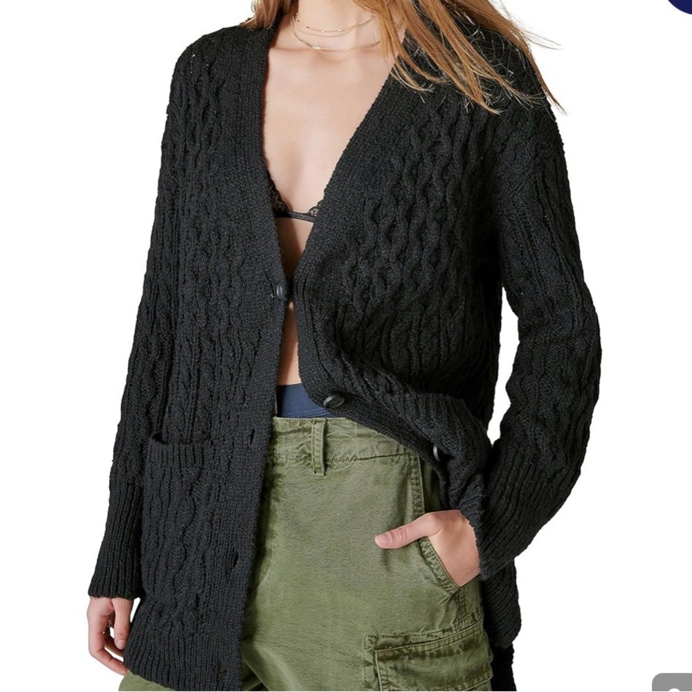 Lucky Brand Women's Black Mixed  Cable Knit Cardigan NWOT